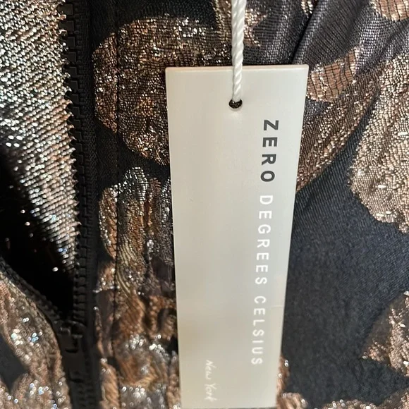 Black Dressy Bomber Jacket with Silver and Gold Leaf Print. Zipper closure. - Picture 3 of 4